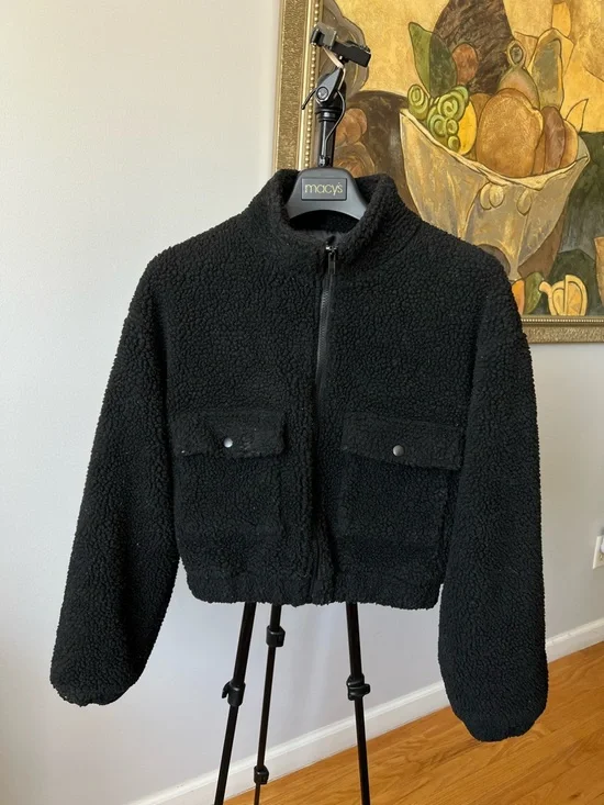 Dazy Black Zip-Up Cropped Faux Shearling Teddy Jacket Size S - Picture 11 of 12